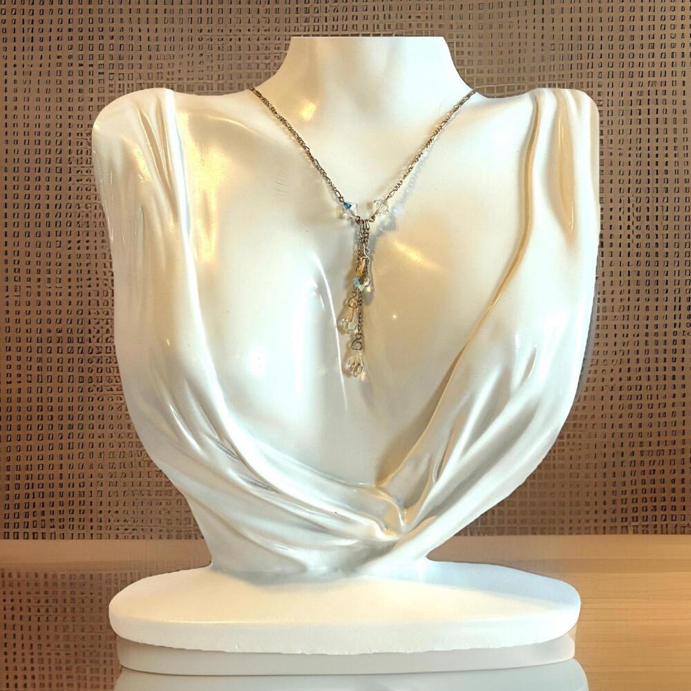Vintage 90s Aurora Borealis Crystal Drop Y Lariat Necklace Silver Tone